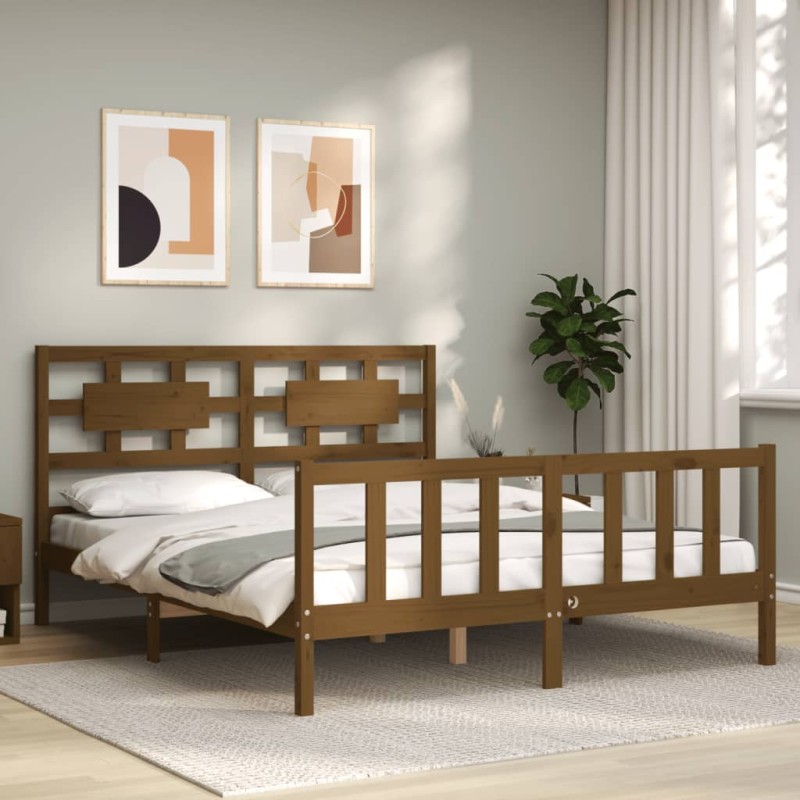 vidaXL Estructura de cama matrimonio con cabecero madera marrón miel vidaXL Estructura de cama matrimonio con cabecero madera marrón miel
