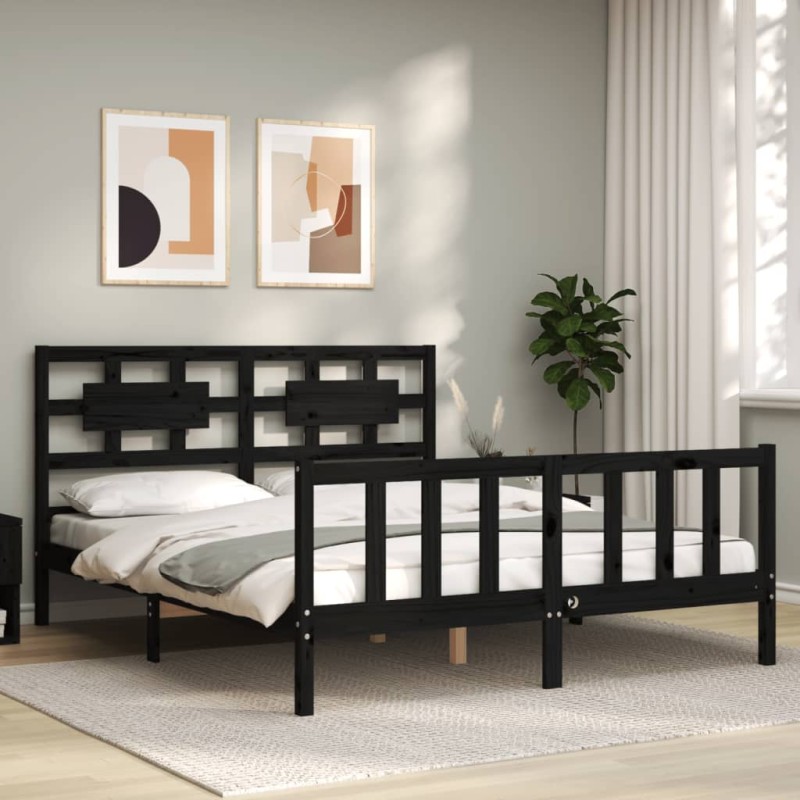vidaXL Estructura de cama con cabecero madera maciza negro 160x200 cm vidaXL Estructura de cama con cabecero madera maciza negro 160x200 cm
