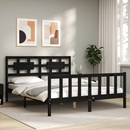 vidaXL Estructura de cama con cabecero madera maciza negro 160x200 cm