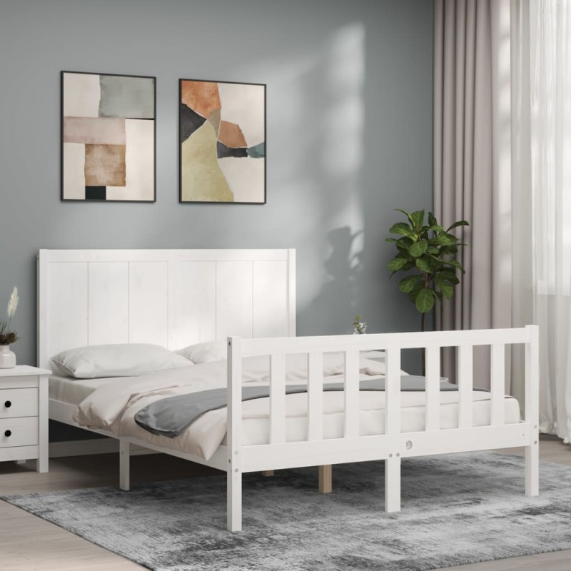 vidaXL Estructura de cama con cabecero madera maciza blanco 140x200 cm vidaXL Estructura de cama con cabecero madera maciza blanco 140x200 cm