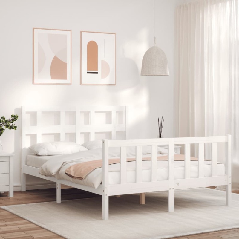 vidaXL Estructura cama de matrimonio con cabecero madera maciza blanco vidaXL Estructura cama de matrimonio con cabecero madera maciza blanco