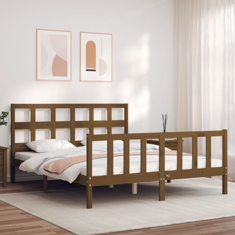 vidaXL Estructura de cama matrimonio con cabecero madera marrón miel vidaXL Estructura de cama matrimonio con cabecero madera marrón miel