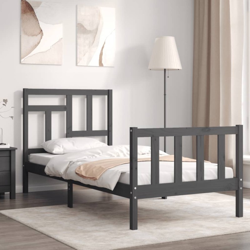 vidaXL Estructura de cama con cabecero madera maciza gris vidaXL Estructura de cama con cabecero madera maciza gris