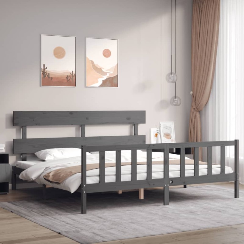 vidaXL Estructura de cama con cabecero madera maciza gris 200x200 cm vidaXL Estructura de cama con cabecero madera maciza gris 200x200 cm