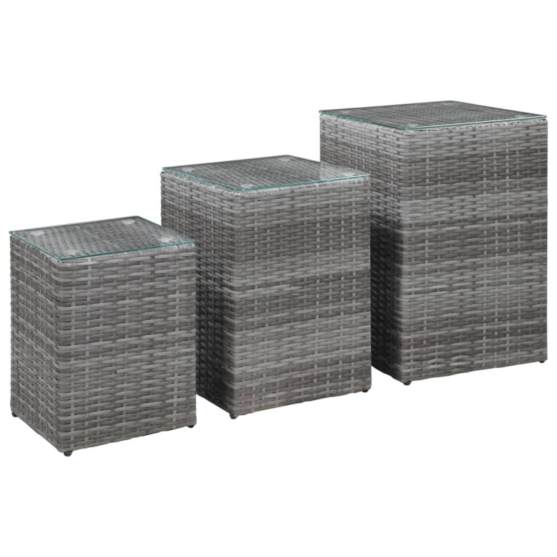vidaXL Mesas auxiliares 3 pzas superficie vidrio ratán sintético gris vidaXL Mesas auxiliares 3 pzas superficie vidrio ratán sintético gris