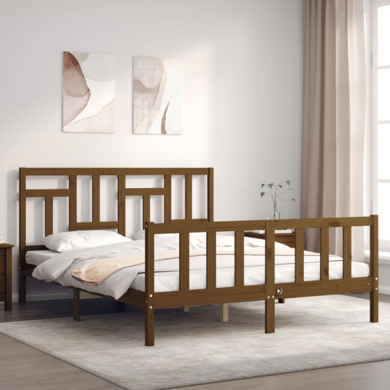 vidaXL Estructura de cama matrimonio con cabecero madera marrón miel vidaXL Estructura de cama matrimonio con cabecero madera marrón miel