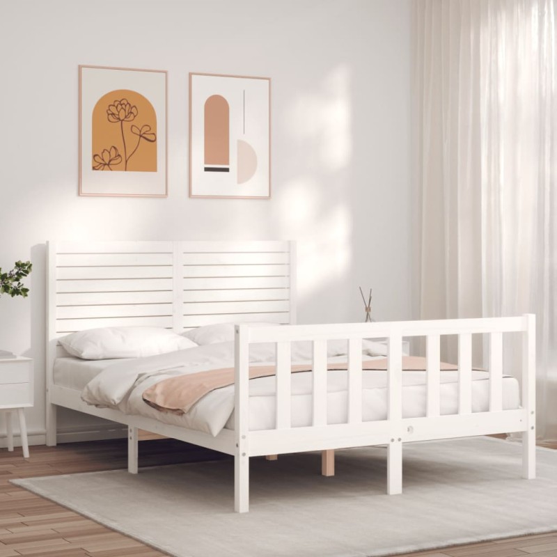 vidaXL Estructura cama de matrimonio con cabecero madera maciza blanco vidaXL Estructura cama de matrimonio con cabecero madera maciza blanco