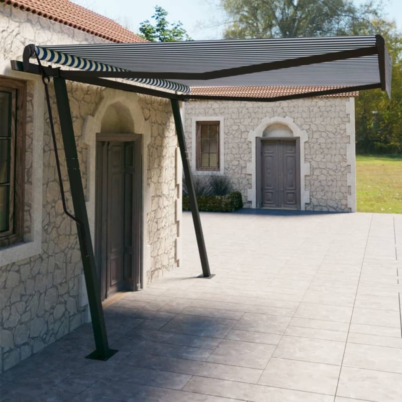 vidaXL Toldo manual retráctil con postes azul y blanco 4x3 m vidaXL Toldo manual retráctil con postes azul y blanco 4x3 m