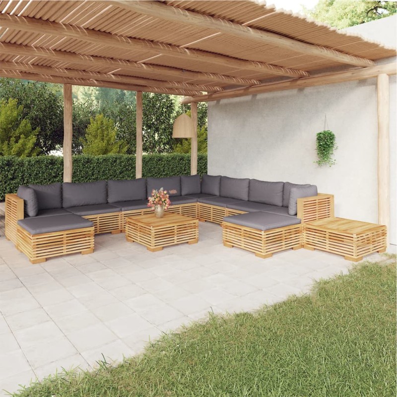 vidaXL Juego muebles de jardín 12 piezas y cojines madera maciza teca vidaXL Juego muebles de jardín 12 piezas y cojines madera maciza teca