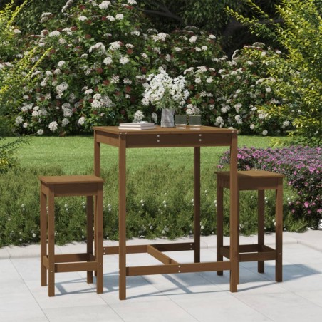 vidaXL Mesa y taburetes altos de jardín 3 pzas madera pino marrón miel