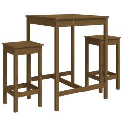 vidaXL Mesa y taburetes altos de jardín 3 pzas madera pino marrón miel