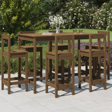 vidaXL Mesa y taburetes altos de jardín 7 pzas madera pino marrón miel