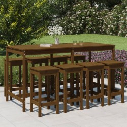 vidaXL Mesa y taburetes altos de jardín 9 pzas madera pino marrón miel