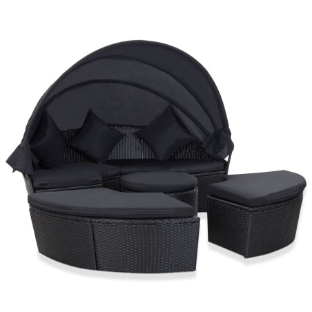 vidaXL Tumbona de jardín con toldo ratán sintético negro