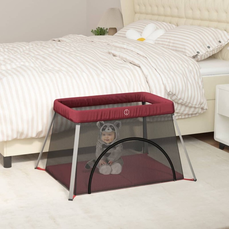vidaXL Parque infantil para bebés con colchón tela lino rojo vidaXL Parque infantil para bebés con colchón tela lino rojo