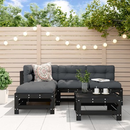 vidaXL Juego de sofás de jardín 5 piezas madera maciza de pino negro