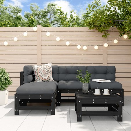 vidaXL Juego de sofás de jardín 5 piezas madera maciza de pino negro