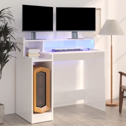 vidaXL Escritorio LED madera contrachapada blanco brillo 97x45x90 cm