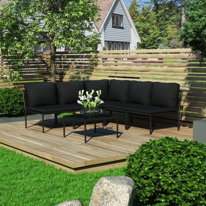 vidaXL Juego de muebles de jardín 6 piezas con cojines PVC negro vidaXL Juego de muebles de jardín 6 piezas con cojines PVC negro