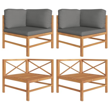 vidaXL Sofá de esquina 2 uds madera maciza teca y cojines gris oscuro