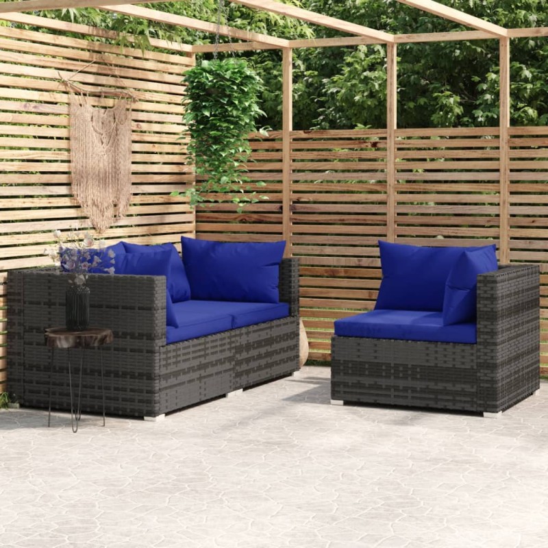 vidaXL Set de muebles de jardín 3 pzas y cojines ratán sintético gris vidaXL Set de muebles de jardín 3 pzas y cojines ratán sintético gris