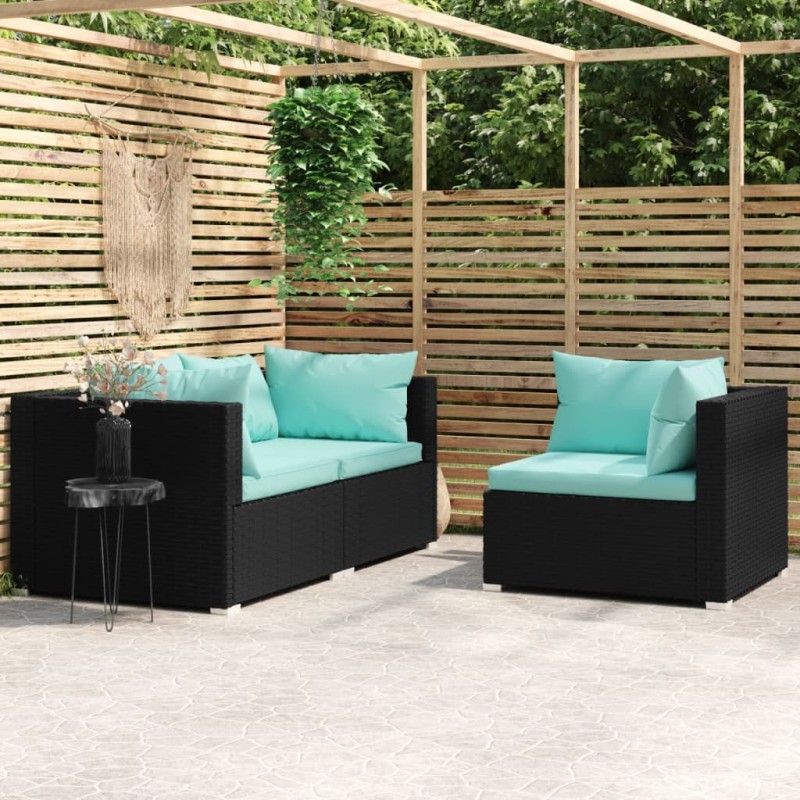 vidaXL Set de muebles de jardín 3 pzas y cojines ratán sintético negro vidaXL Set de muebles de jardín 3 pzas y cojines ratán sintético negro