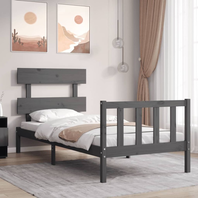 vidaXL Estructura de cama con cabecero madera maciza gris vidaXL Estructura de cama con cabecero madera maciza gris