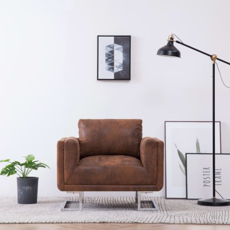 vidaXL Sillón en forma de cubo de piel de ante artificial marrón
