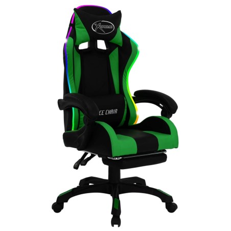 vidaXL Silla gaming con luces LED RGB cuero sintético verde y negro