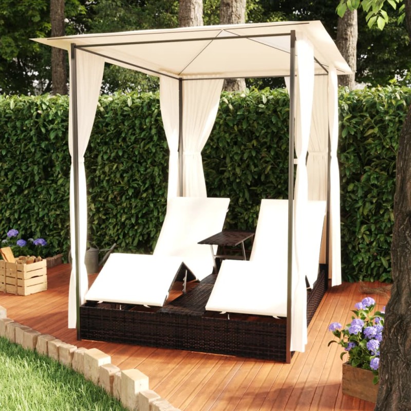 vidaXL Tumbona doble con cortinas ratán sintético marrón vidaXL Tumbona doble con cortinas ratán sintético marrón