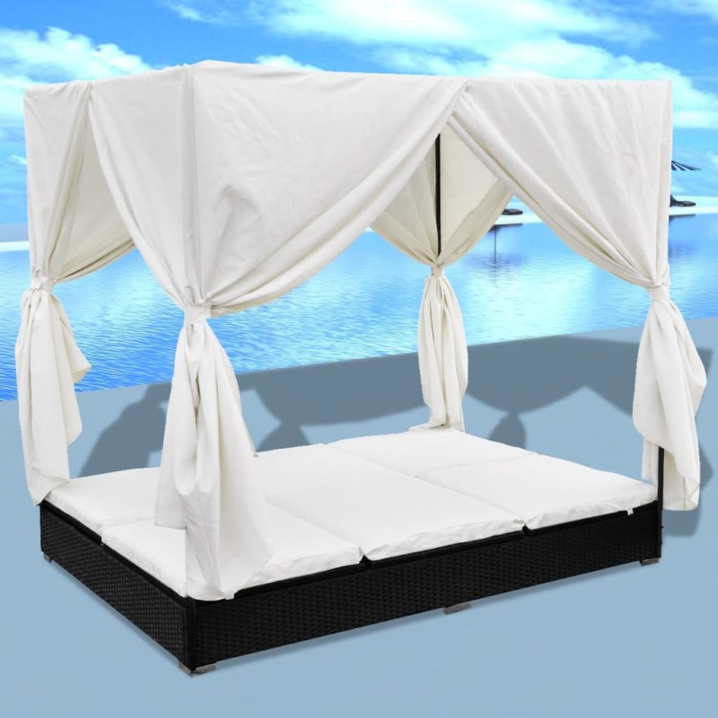 vidaXL Tumbona con cortinas de ratán sintético negro vidaXL Tumbona con cortinas de ratán sintético negro