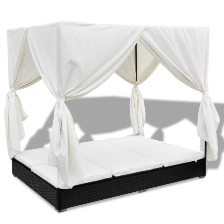 vidaXL Tumbona con cortinas de ratán sintético negro