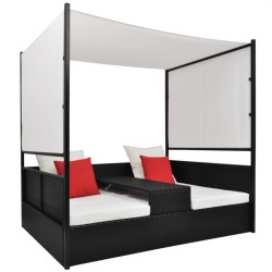 vidaXL Cama de jardín con toldo ratán sintético negro 190x130 cm 