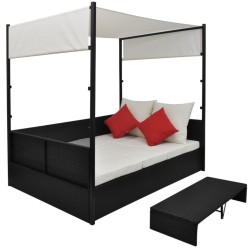 vidaXL Cama de jardín con toldo ratán sintético negro 190x130 cm 