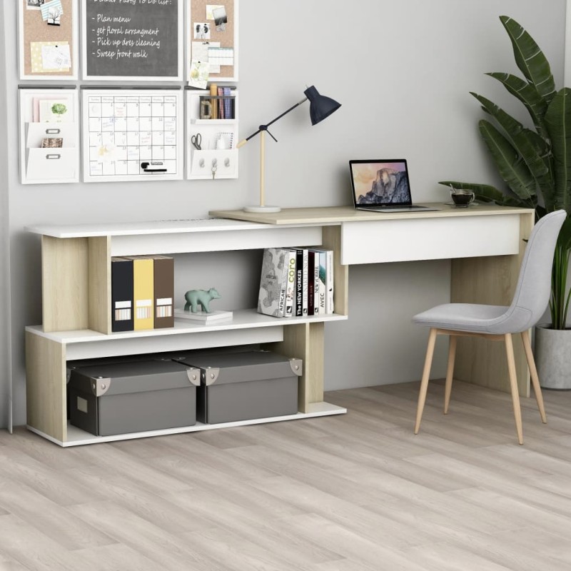 vidaXL Escritorio de esquina contrachapada blanco y roble 200x50x76 cm vidaXL Escritorio de esquina contrachapada blanco y roble 200x50x76 cm