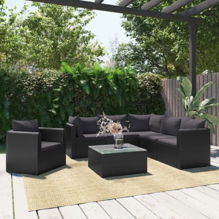 vidaXL Set de muebles de jardín y cojines 7 pzas ratán sintético negro