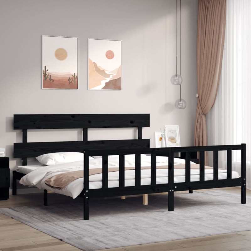 vidaXL Estructura cama de matrimonio con cabecero madera maciza negro vidaXL Estructura cama de matrimonio con cabecero madera maciza negro