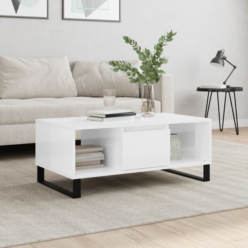 vidaXL Mesa de centro madera contrachapada blanco brillo 90x50x36,5 cm vidaXL Mesa de centro madera contrachapada blanco brillo 90x50x36,5 cm