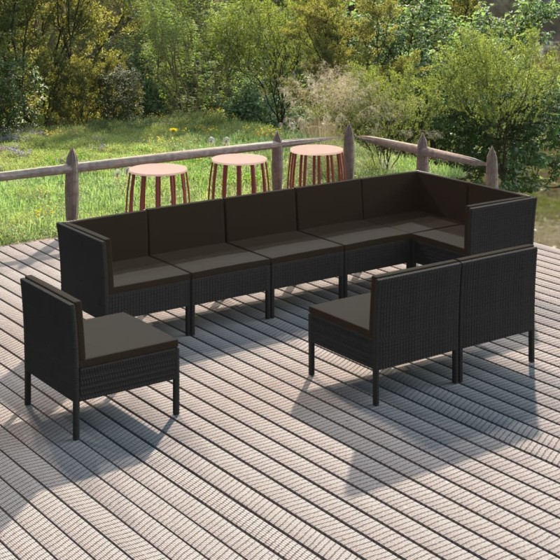 vidaXL Set de muebles de jardín 9 pzas cojines ratán sintético negro