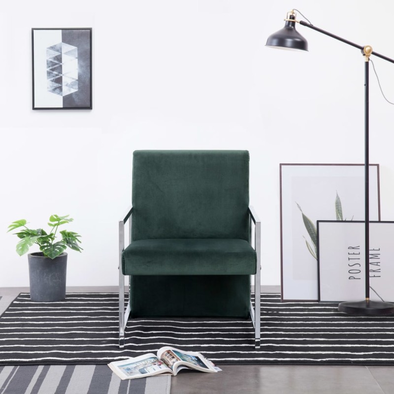 vidaXL Sillón con patas cromadas de terciopelo verde oscuro vidaXL Sillón con patas cromadas de terciopelo verde oscuro