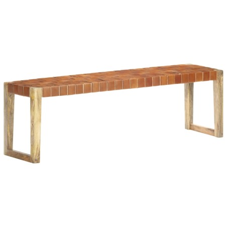 vidaXL Banco de cuero auténtico marrón y madera de mango maciza 150 cm