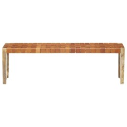 vidaXL Banco de cuero auténtico marrón y madera de mango maciza 150 cm