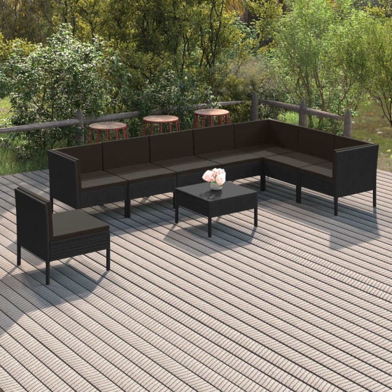 vidaXL Set de muebles de jardín 9 pzas y cojines ratán sintético negro vidaXL Set de muebles de jardín 9 pzas y cojines ratán sintético negro