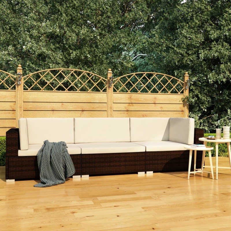 vidaXL Set sofás de jardín 3 piezas y cojines ratán sintético marrón vidaXL Set sofás de jardín 3 piezas y cojines ratán sintético marrón