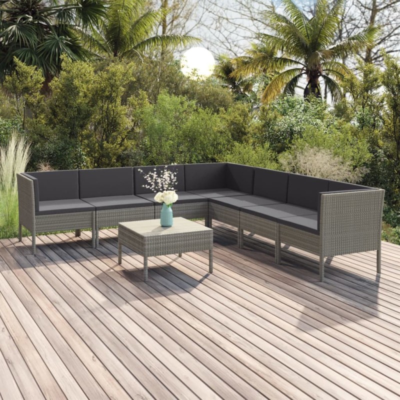 vidaXL Set de muebles de jardín 8 pzas y cojines ratán sintético gris vidaXL Set de muebles de jardín 8 pzas y cojines ratán sintético gris