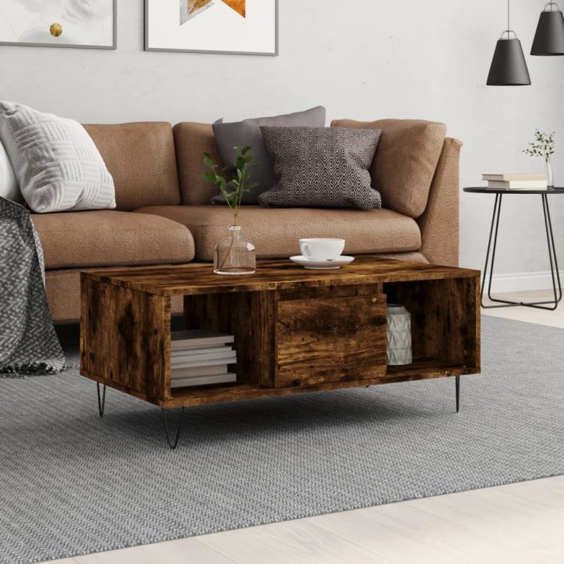 vidaXL Mesa de centro madera contrachapada roble ahumado 90x50x36,5 cm vidaXL Mesa de centro madera contrachapada roble ahumado 90x50x36,5 cm