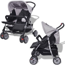 vidaXL Cochecito gemelar de acero gris y negro