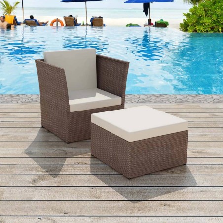 vidaXL Silla de jardín con taburete poli ratán marrón 