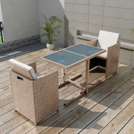 vidaXL Mesa y sillas bistró de jardín 3 pzs y cojines poli ratán beige
