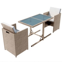 vidaXL Mesa y sillas bistró de jardín 3 pzs y cojines poli ratán beige